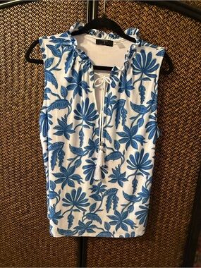 Tahari White Top with Blue Floral Accents